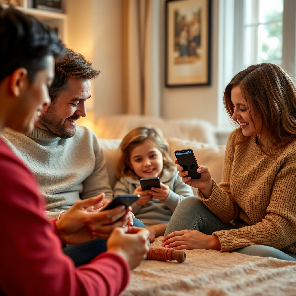 Family managing their household together on their devices